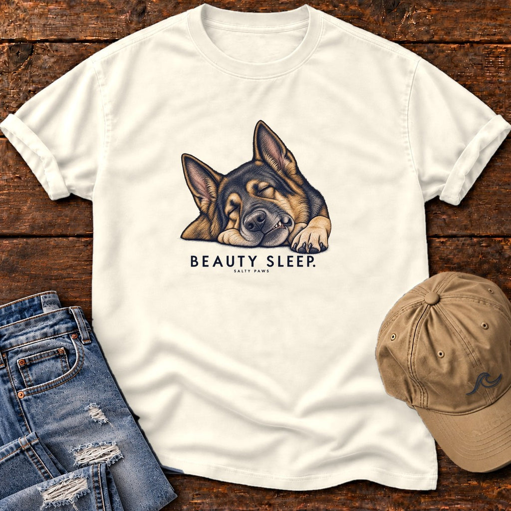 Beauty Sleep German Shepherd T-Shirt in Ivory, Salty Paws Comfort Colors T-Shirt, front design flat lay