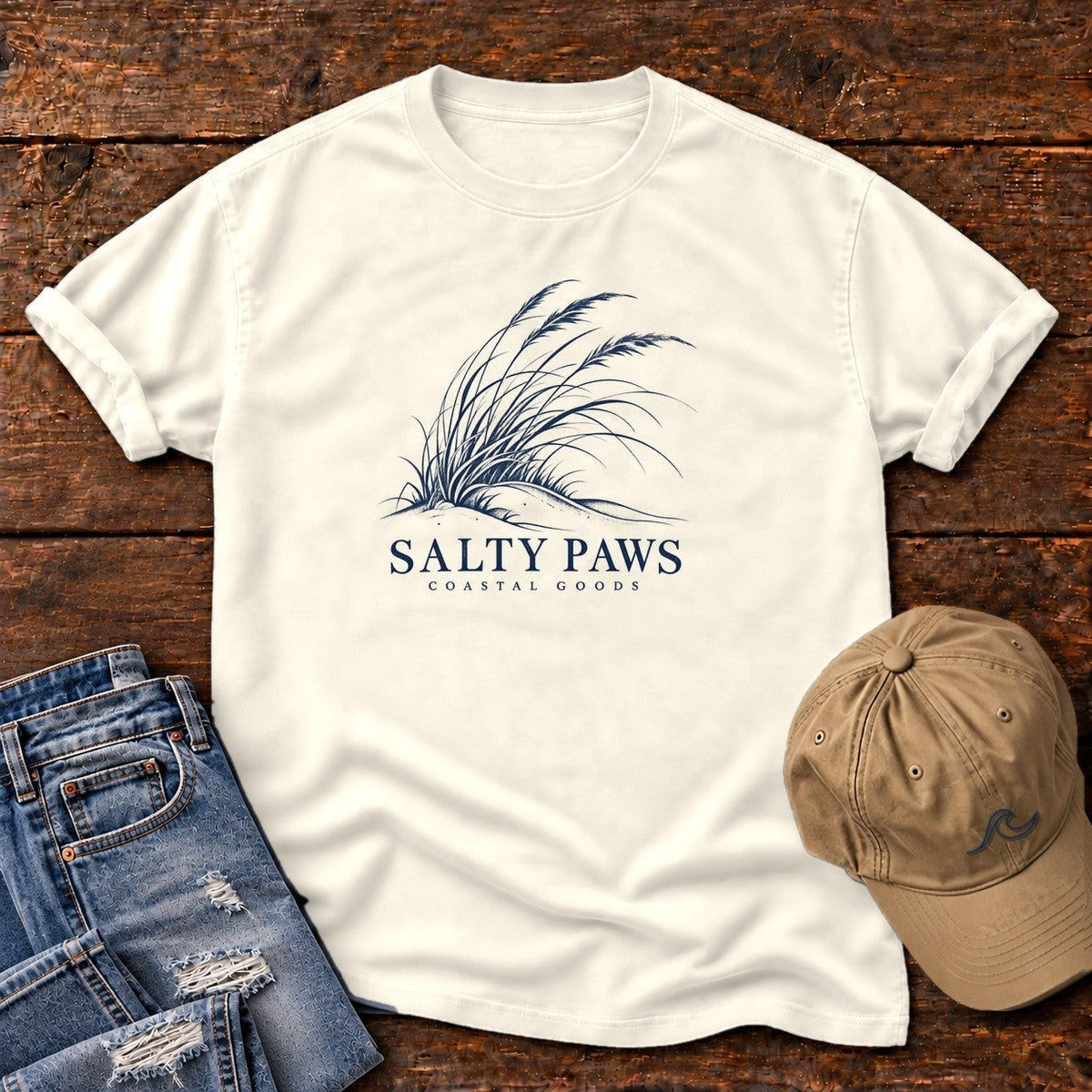 Salty Paws Dune Grass T-Shirt in Ivory, Salty Paws Comfort Colors T-Shirt, front design flat lay