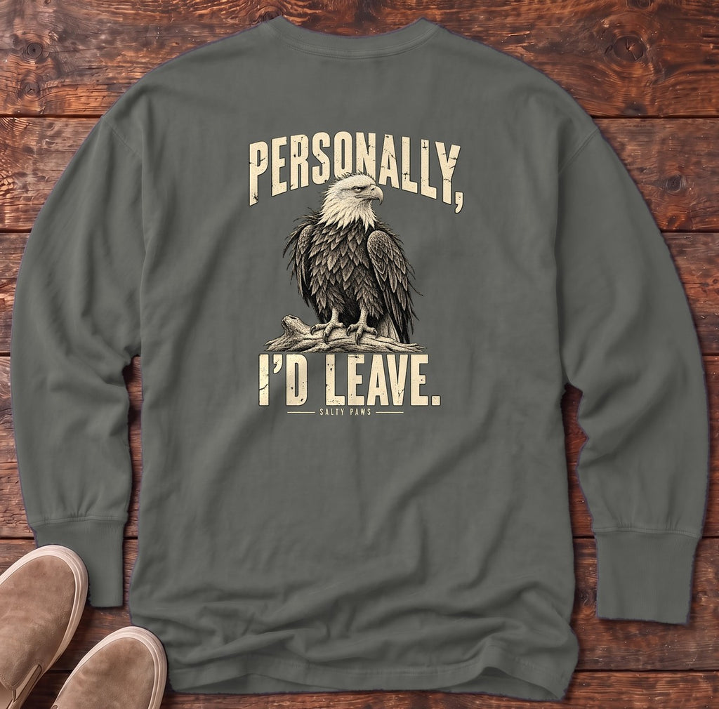 Personally I'd Leave Eagle Back Design Long Sleeve Tee in Pepper, Salty Paws Comfort Colors Long Sleeve Tee, back design flat lay