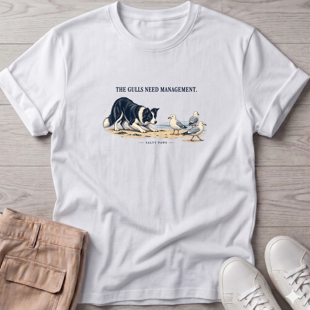The Gulls Need Management Border Collie T-Shirt in White, Salty Paws T-Shirt, front design flat lay