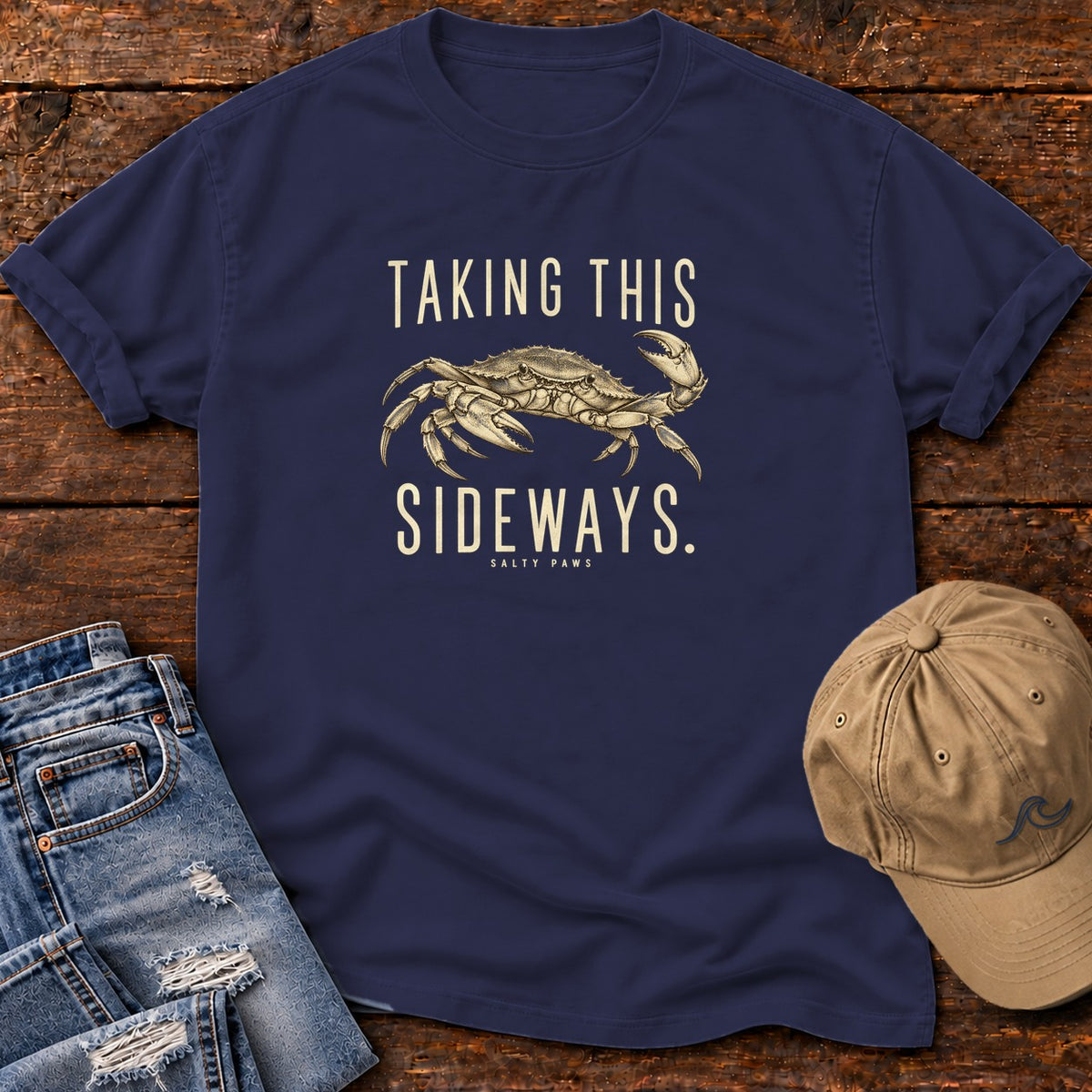Taking This Sideways Crab T-Shirt in True Navy, Salty Paws Comfort Colors T-Shirt, front design flat lay
