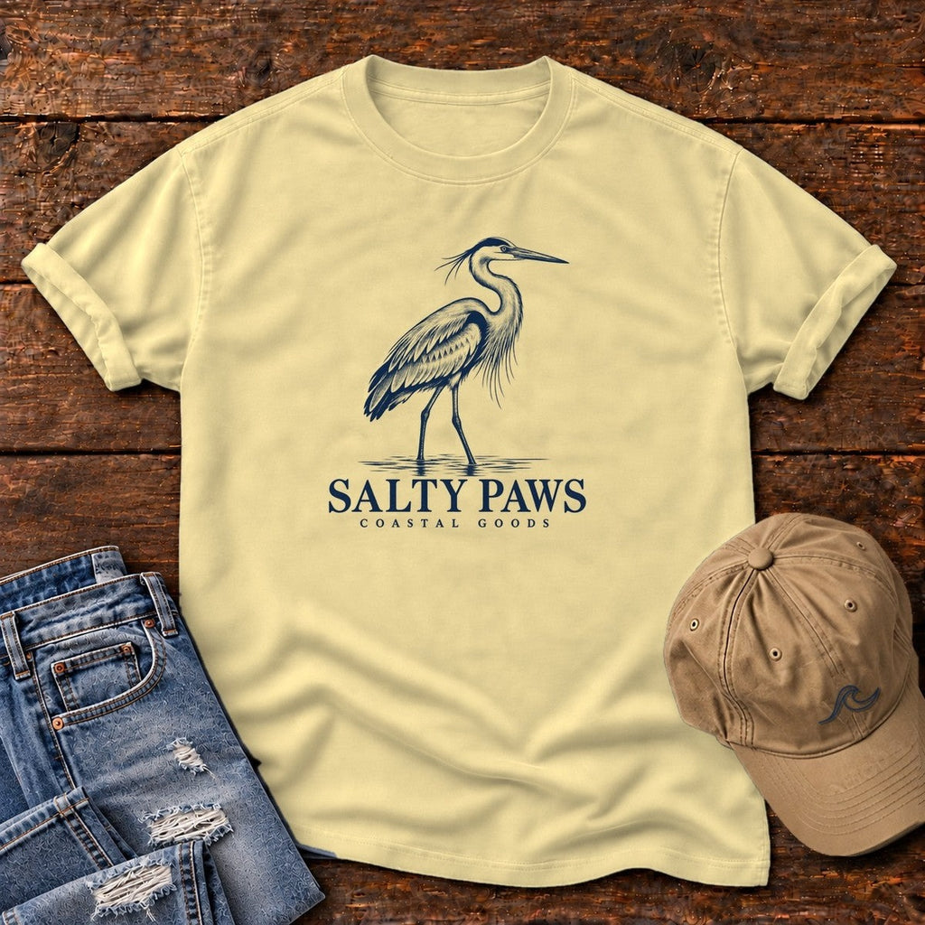 Great Blue Heron Coastal Goods T-Shirt in Butter, Salty Paws Comfort Colors T-Shirt, front design flat lay
