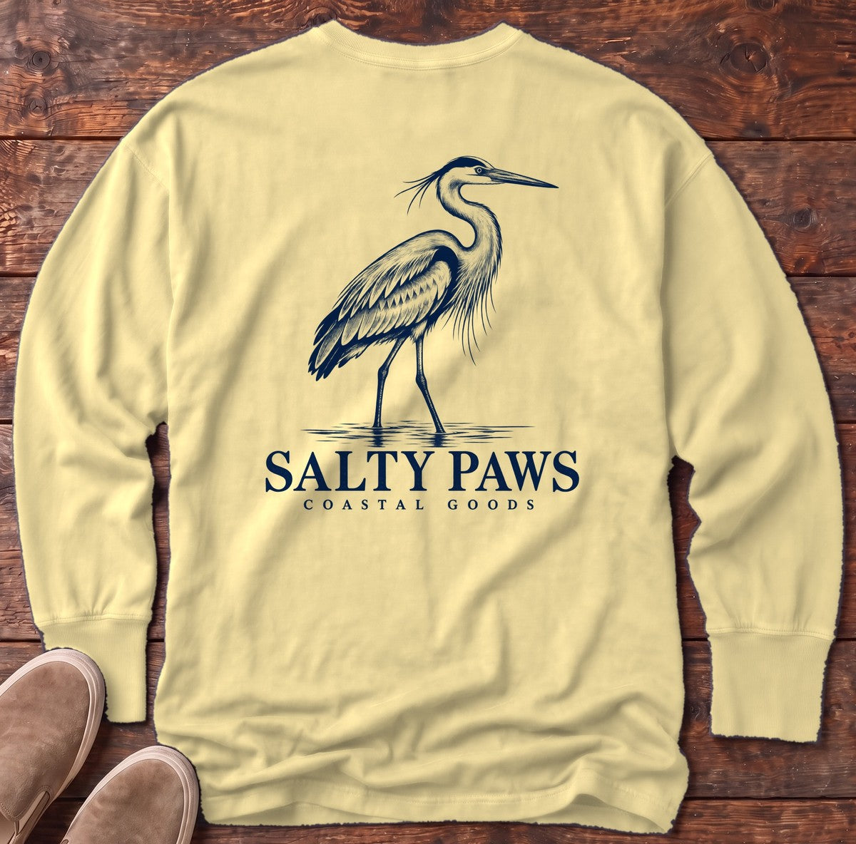 Great Blue Heron Coastal Goods Back Design Long Sleeve Tee in Butter, Salty Paws Comfort Colors Long Sleeve Tee, back design flat lay