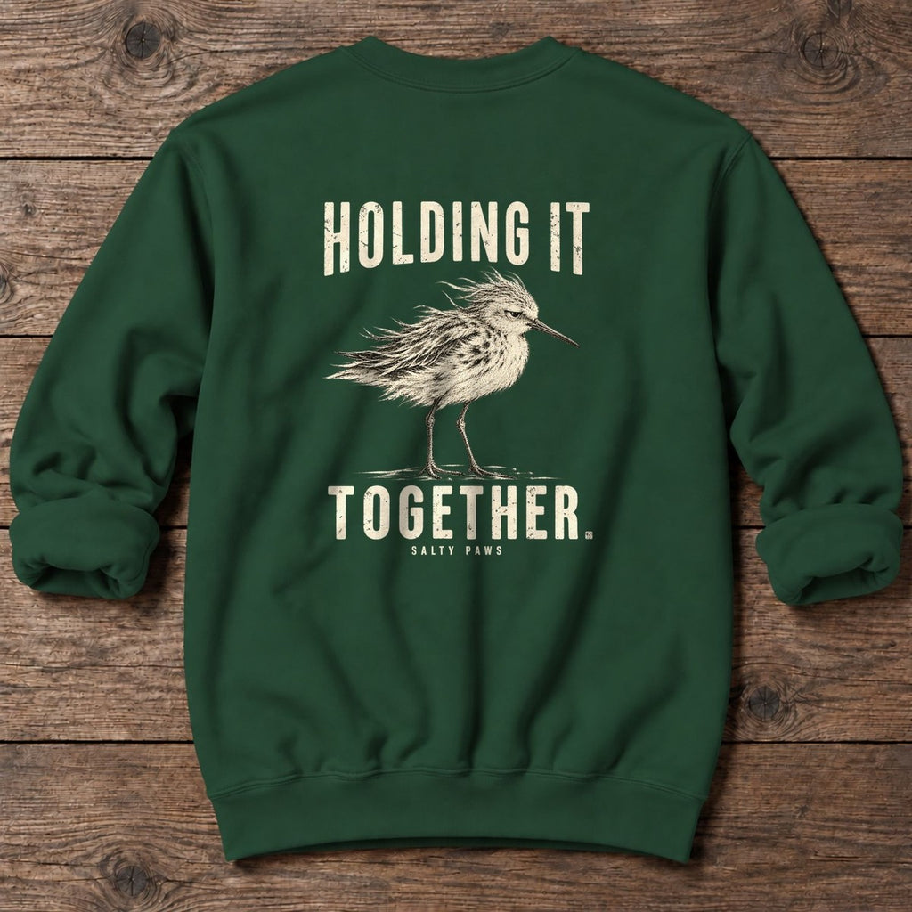 Holding It Together Sandpiper Back Design Midweight Sweatshirt in Forest Green, Salty Paws Midweight Sweatshirt, back design flat lay
