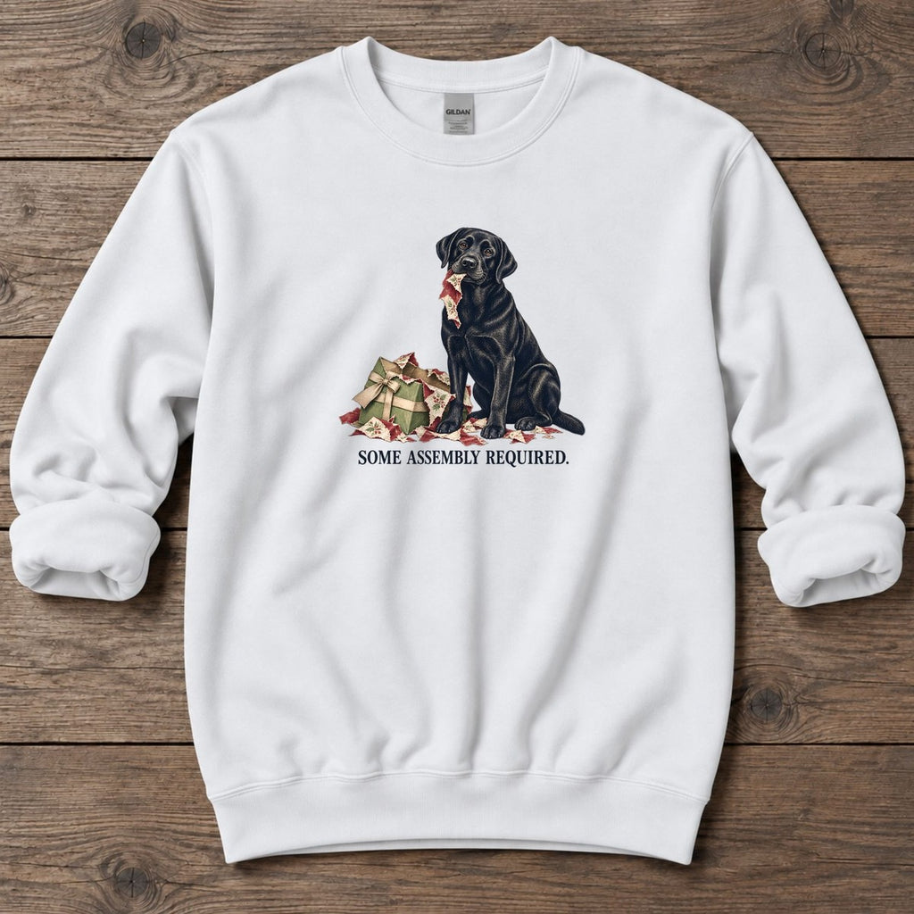 Some Assembly Required Black Lab Midweight Sweatshirt in White, Salty Paws Midweight Sweatshirt, front design flat lay