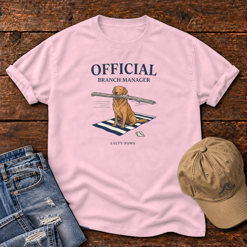 Official Branch Manager Golden Retriever Comfort Colors T-Shirt in Blossom, front design flat lay