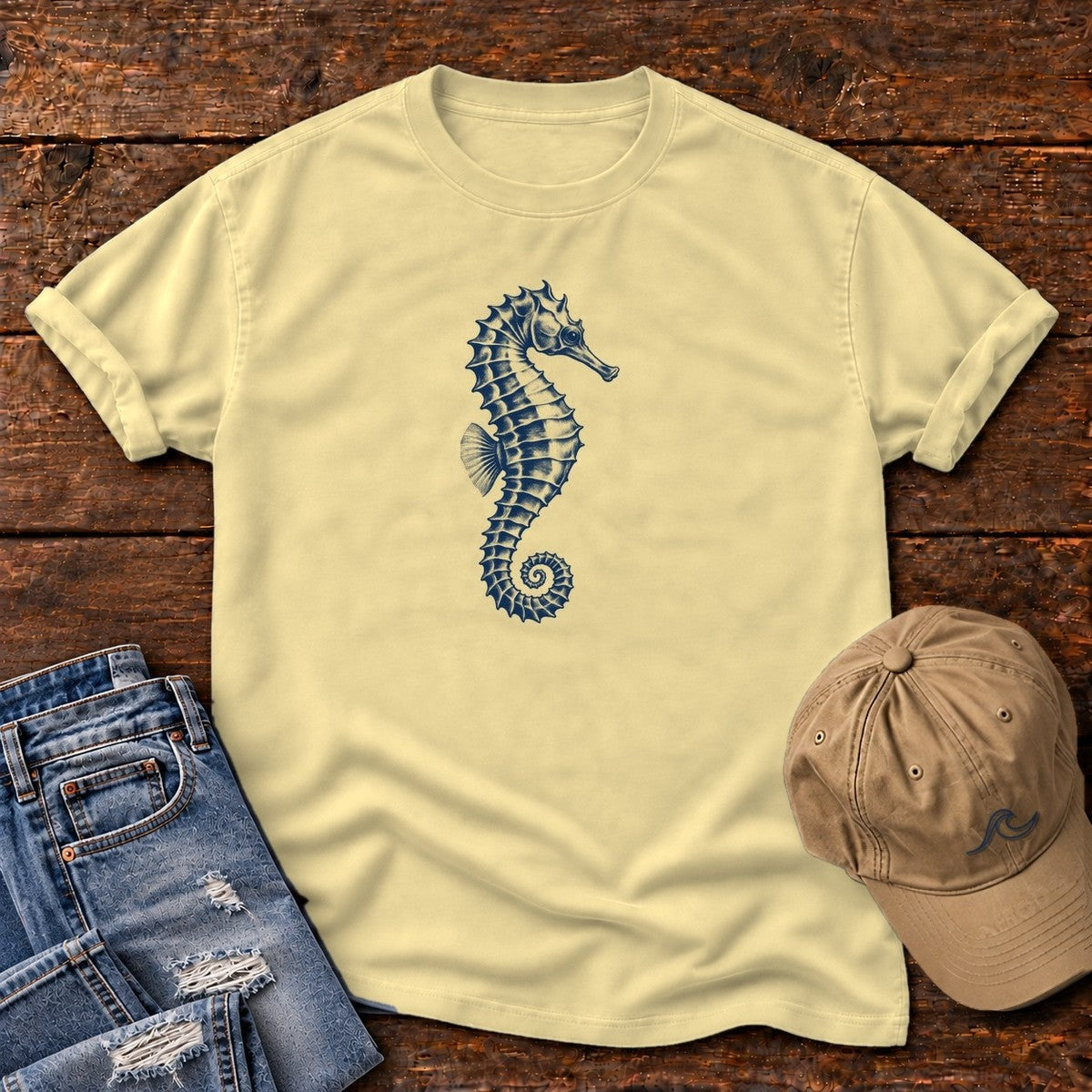 Navy Seahorse T-Shirt in Butter, Salty Paws Comfort Colors T-Shirt, front design flat lay