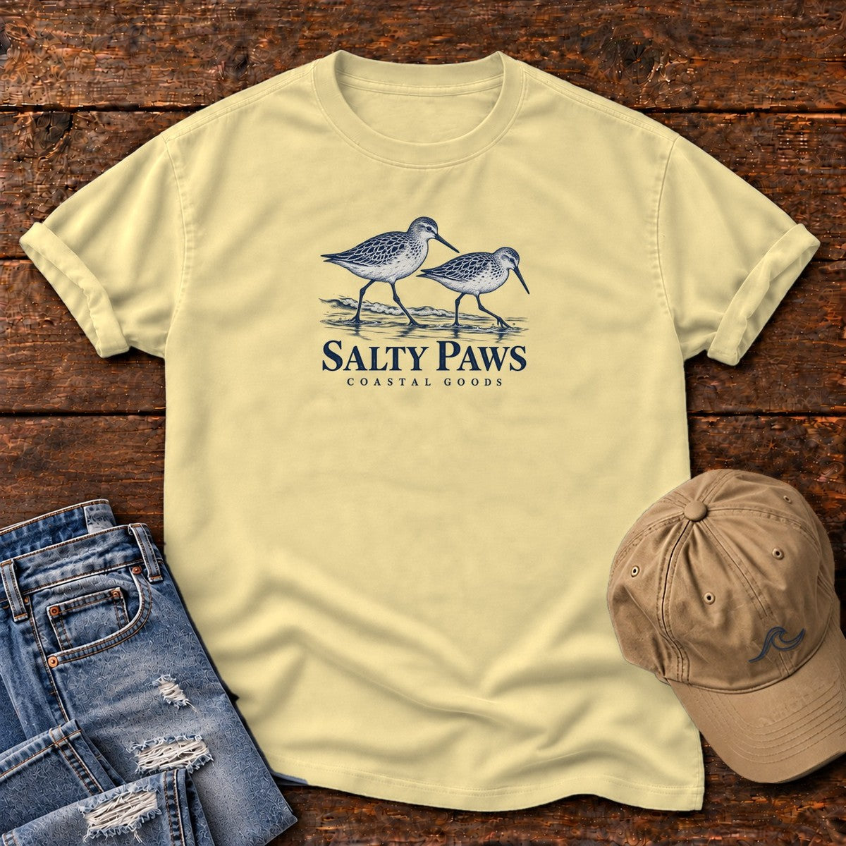 Two Sandpipers T-Shirt in Butter, Salty Paws Comfort Colors T-Shirt, front design flat lay