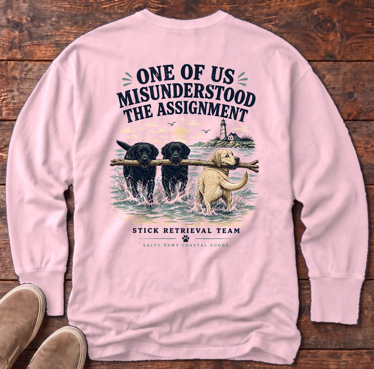 Misunderstood Assignment Labs Fetch Back Design Long Sleeve Tee in Blossom, Salty Paws Comfort Colors long sleeve tee