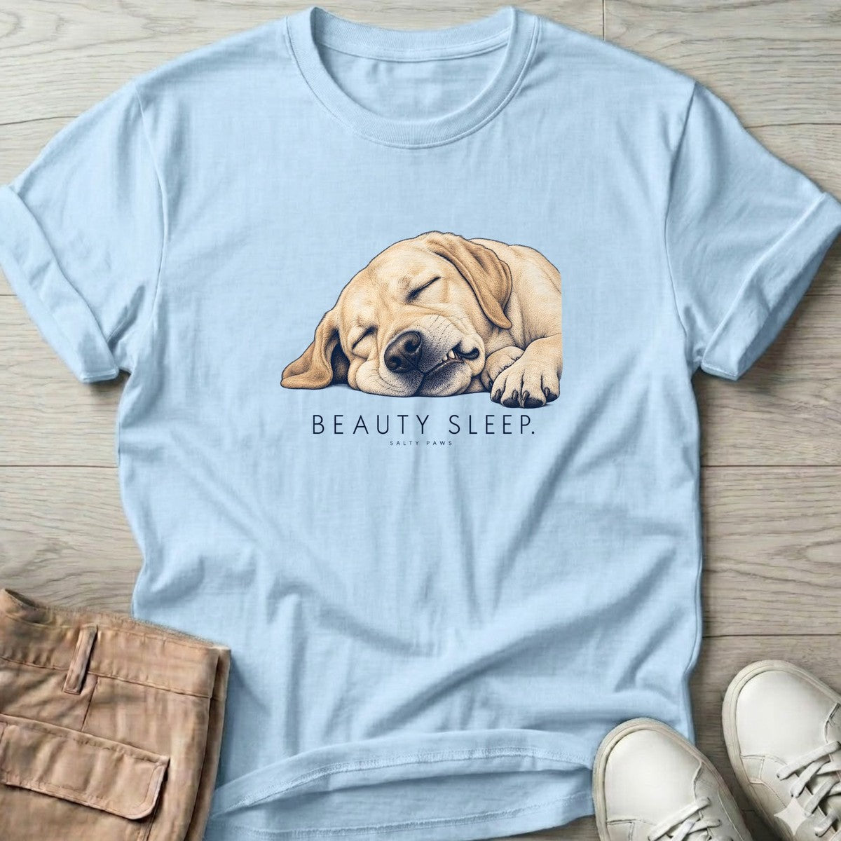 Beauty Sleep Labrador T-Shirt in Light Blue, Salty Paws T-Shirt, front design flat lay