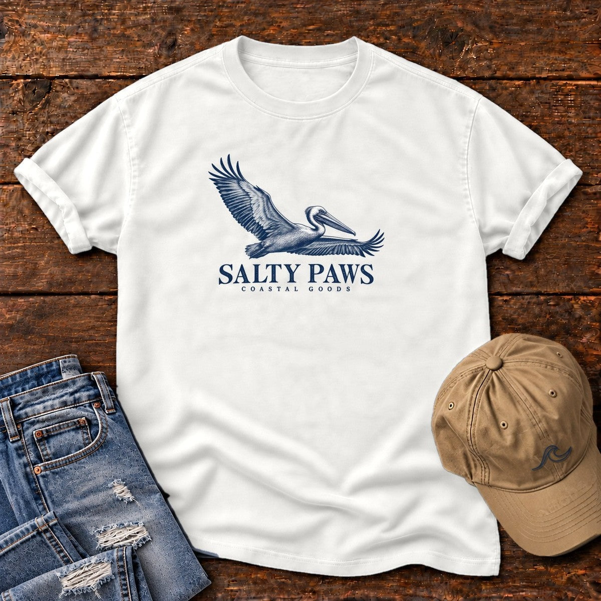 Gliding Pelican Coastal Goods T-Shirt in White, Salty Paws Comfort Colors T-Shirt, front design flat lay