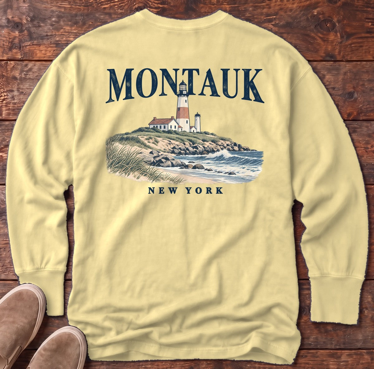 Montauk Lighthouse New York Back Design Long Sleeve Tee in Butter, Salty Paws Comfort Colors Long Sleeve Tee, back design flat lay
