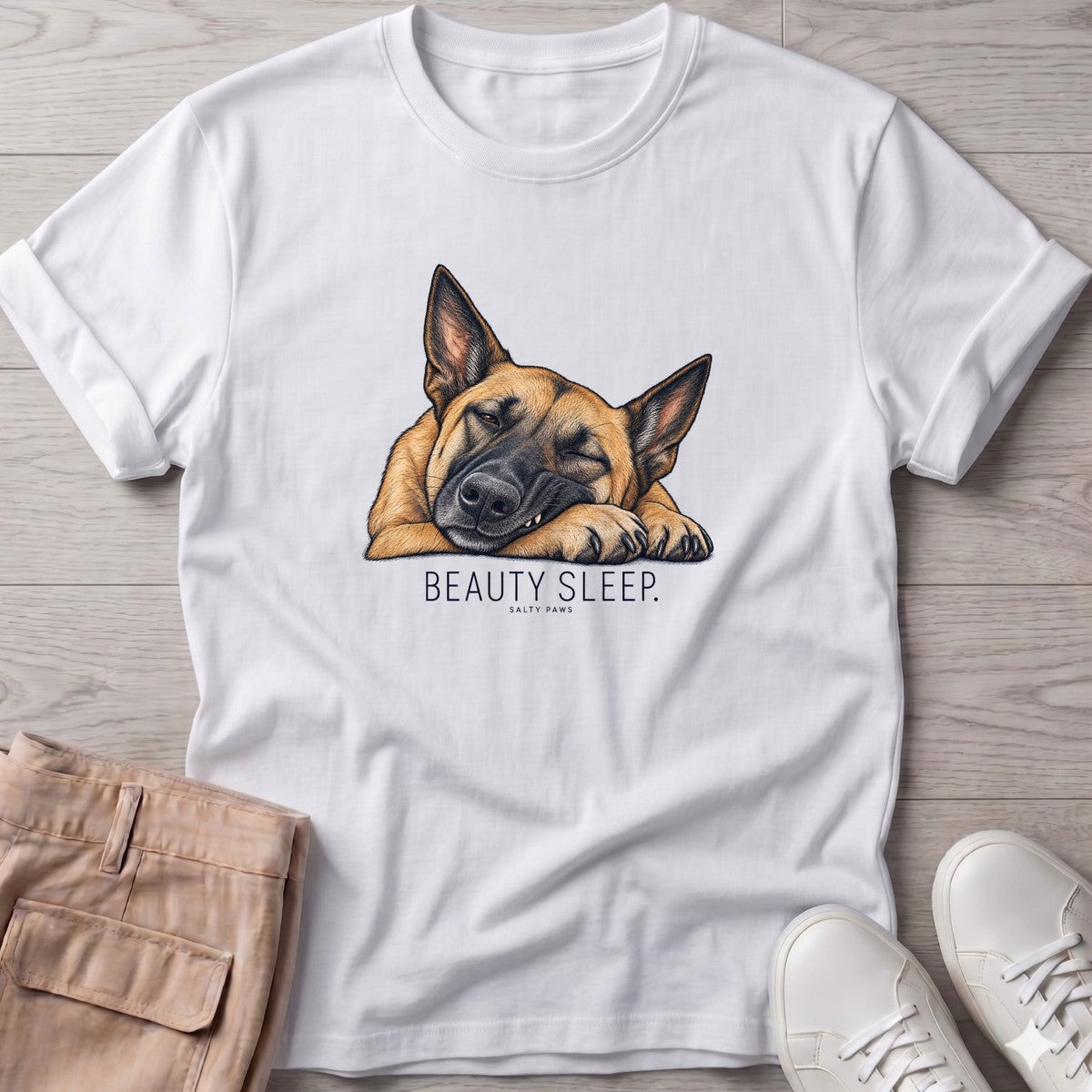 Beauty Sleep Belgian Malinois T-Shirt in White, Salty Paws T-Shirt, front design flat lay