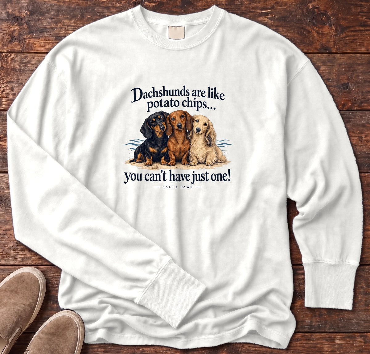 Dachshunds Are Like Potato Chips Long Sleeve Tee in White, Salty Paws Comfort Colors Long Sleeve Tee, front design flat lay
