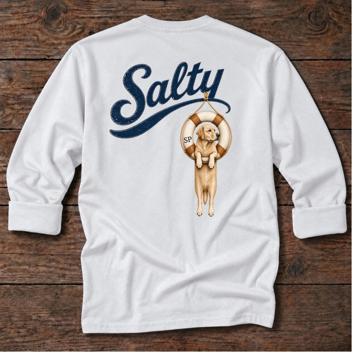 Golden Retriever Tube Back Design T-Shirt in White, Salty Paws coastal long sleeve tee