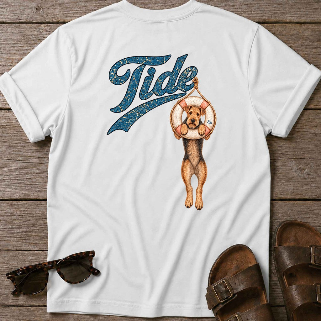 Tide Airedale Back Design T-Shirt in White, Salty Paws T-Shirt, back design flat lay