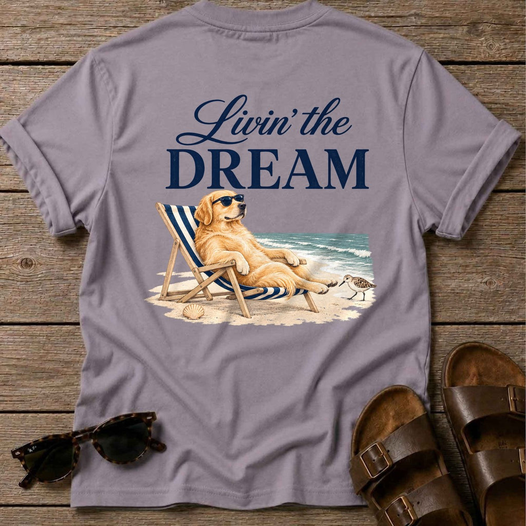 Livin' the Dream Golden Retriever Back Design T-Shirt in Paragon, Salty Paws coastal t-shirt
