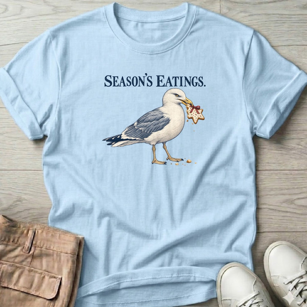 Season's Eatings Seagull T-Shirt in Light Blue, Salty Paws T-Shirt, front design flat lay