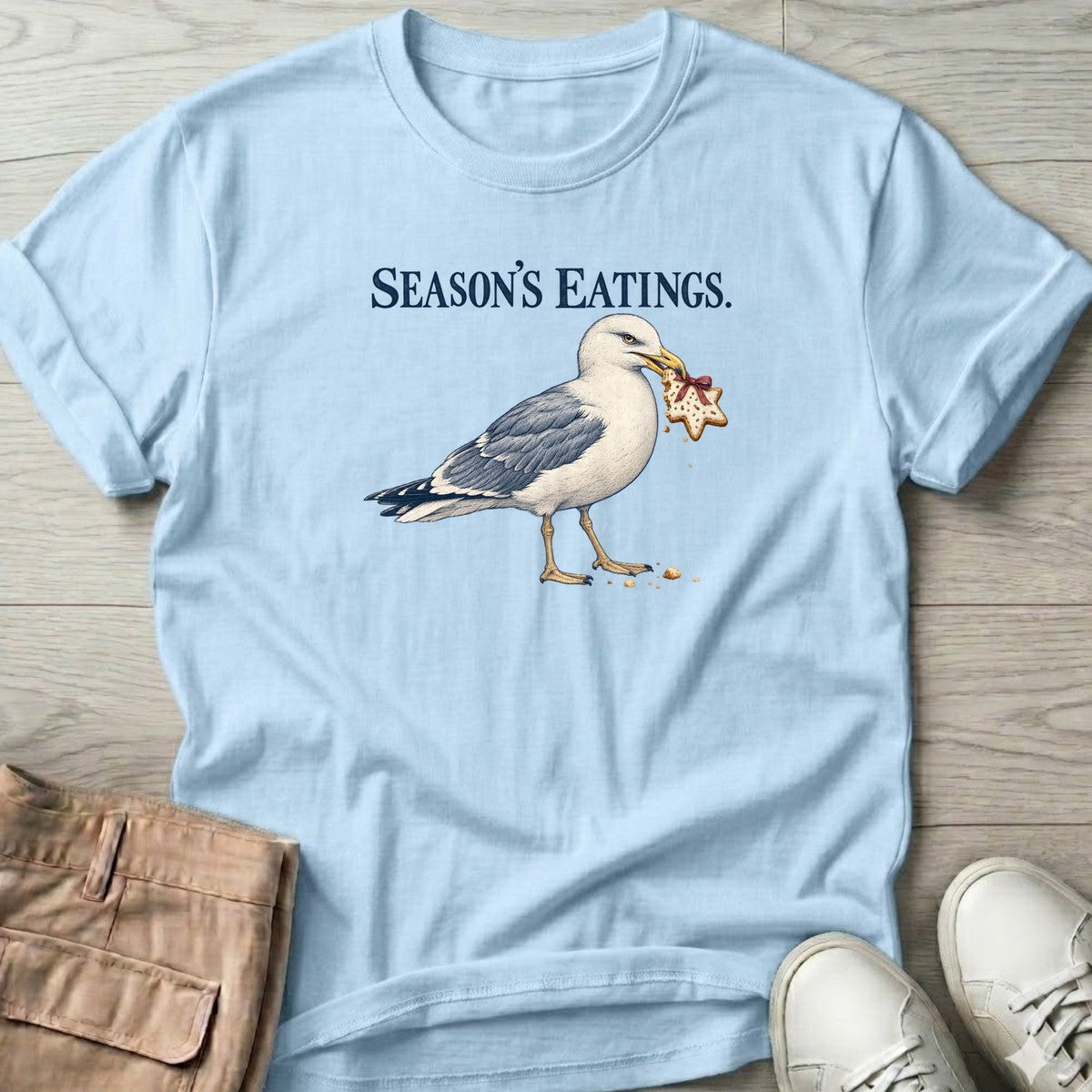 Season's Eatings Seagull T-Shirt in Light Blue, Salty Paws T-Shirt, front design flat lay