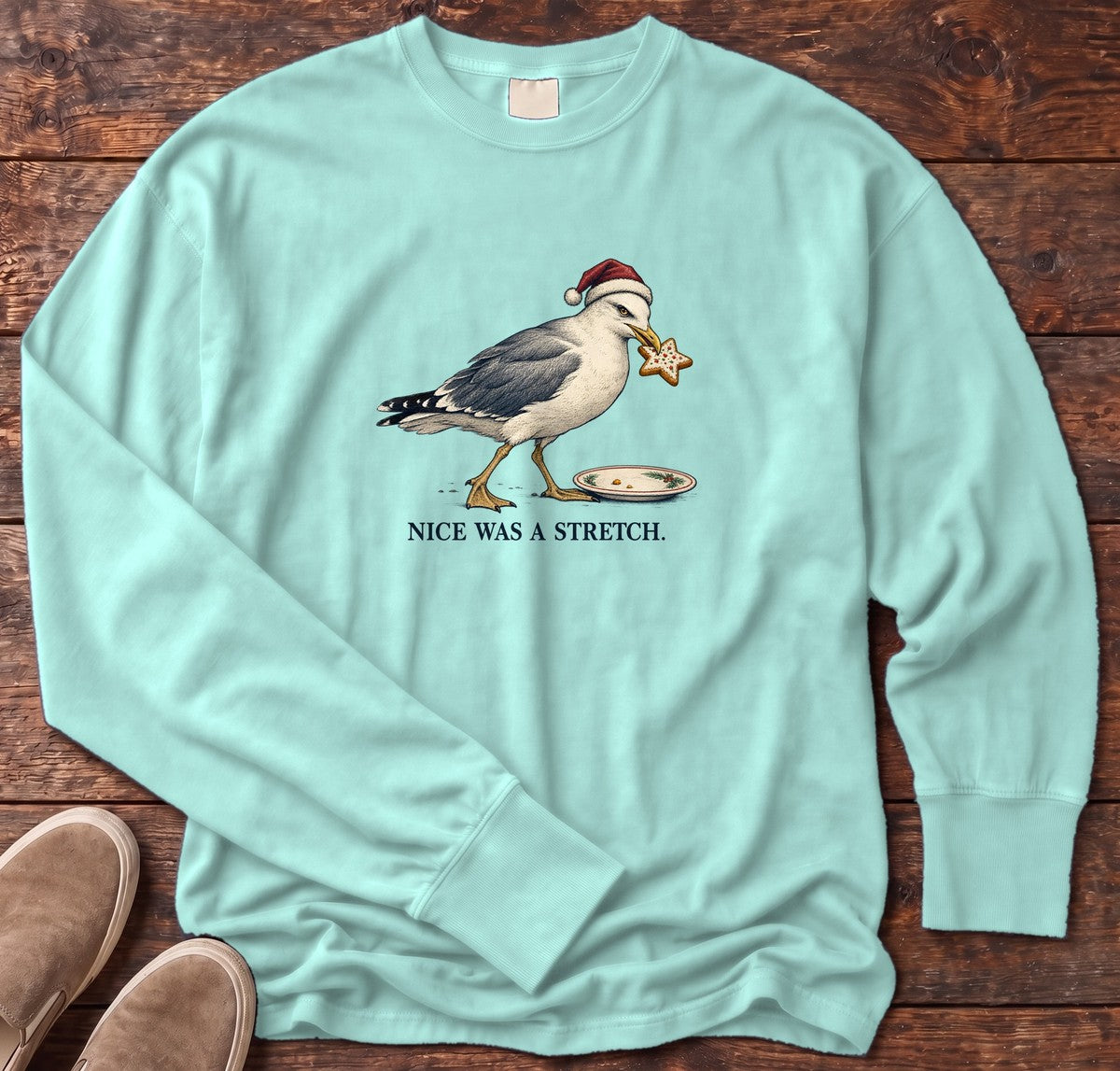 Nice Was a Stretch Seagull Long Sleeve Tee in Chalky Mint, Salty Paws Comfort Colors Long Sleeve Tee, front design flat lay