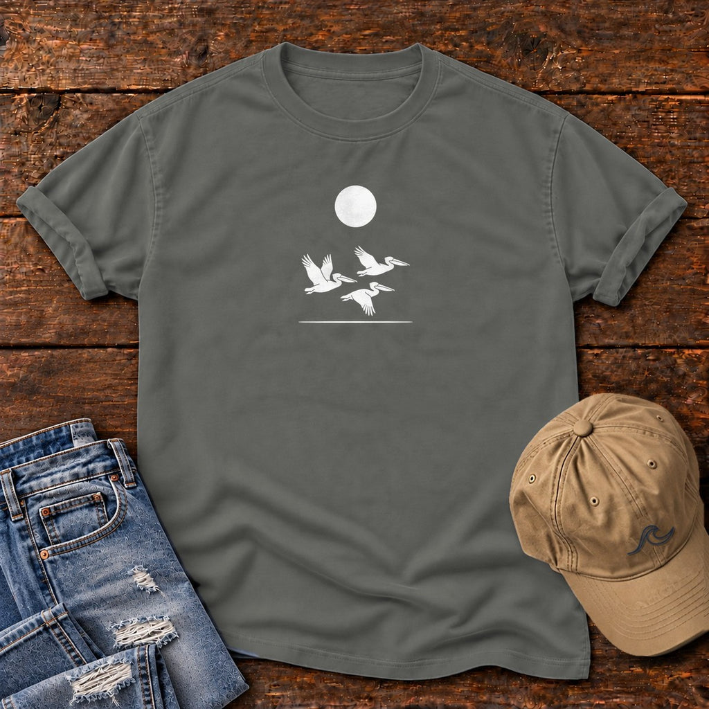 3 Pelicans Comfort Colors T-Shirt in Pepper, front design flat lay