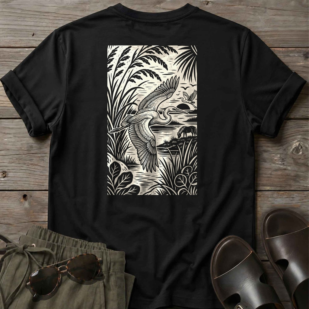 Egret Woodcut Back Design T-Shirt in Black, Salty Paws coastal t-shirt