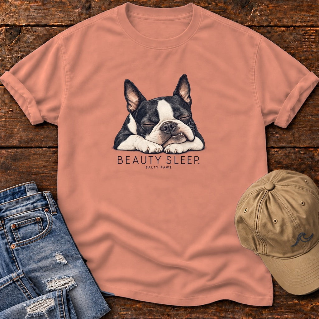 Beauty Sleep Boston Terrier T-Shirt in Terracotta, Salty Paws Comfort Colors T-Shirt, front design flat lay