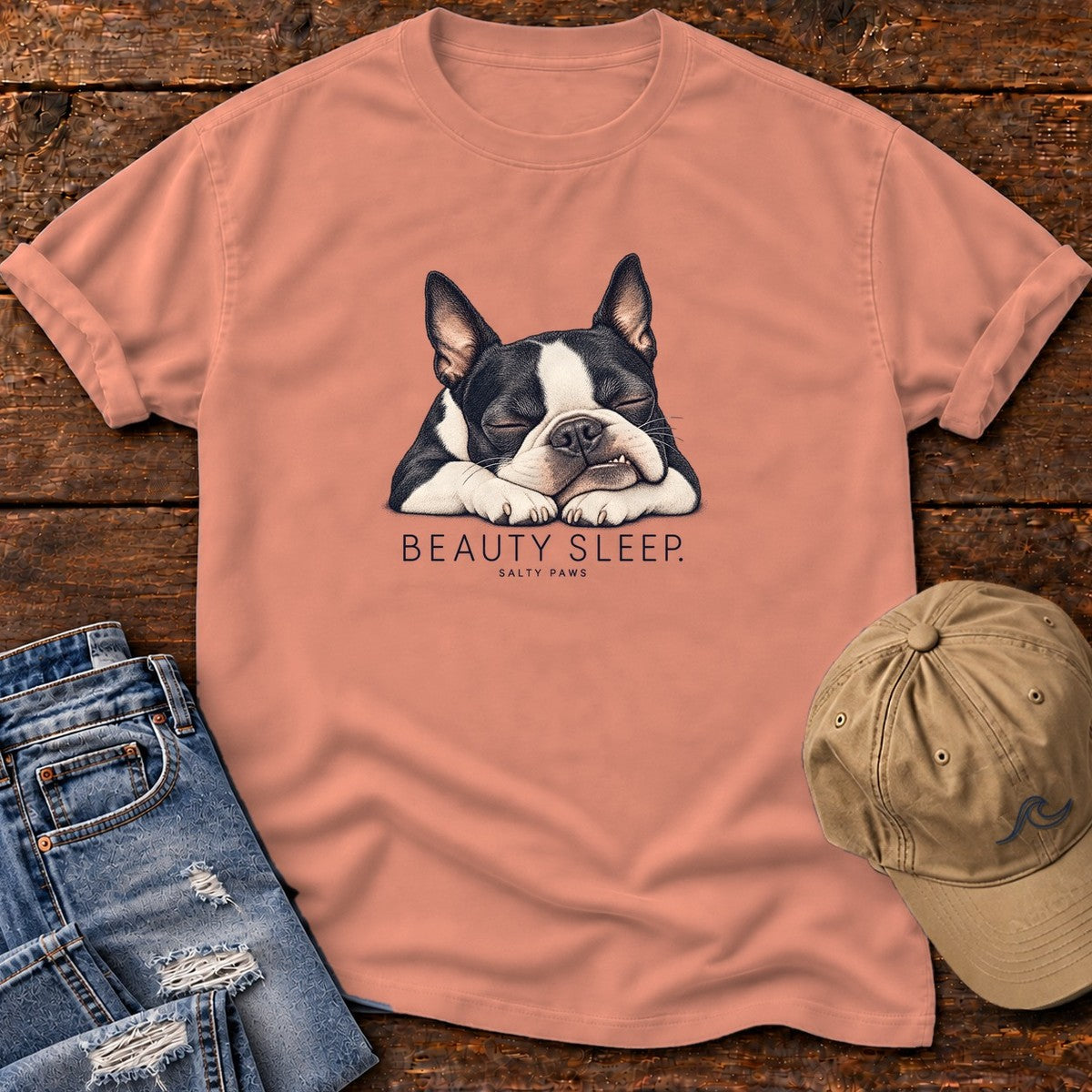 Beauty Sleep Boston Terrier T-Shirt in Terracotta, Salty Paws Comfort Colors T-Shirt, front design flat lay