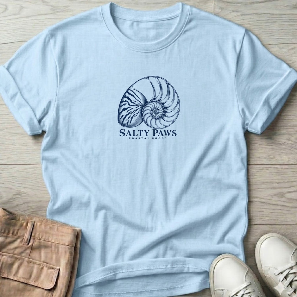 Nautilus Shell T-Shirt in Light Blue, Salty Paws T-Shirt, front design flat lay