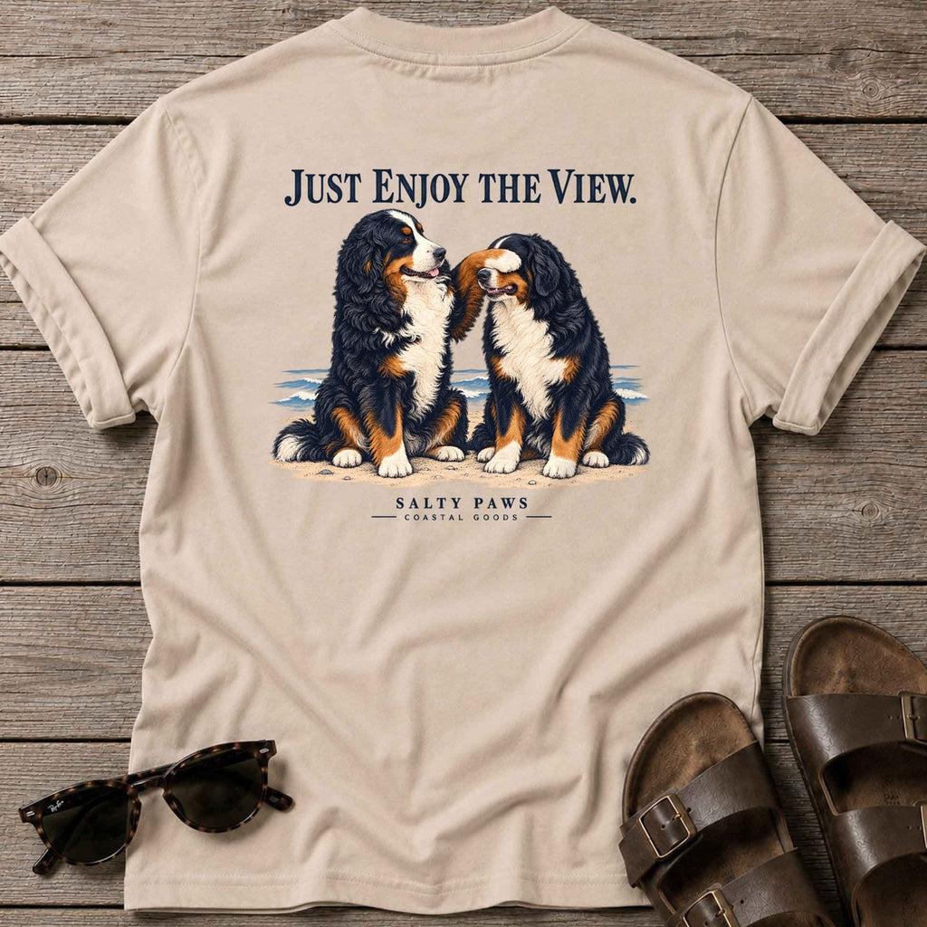 Just Enjoy the View Bernese Back Design T-Shirt in Sand, Salty Paws T-Shirt, back design flat lay