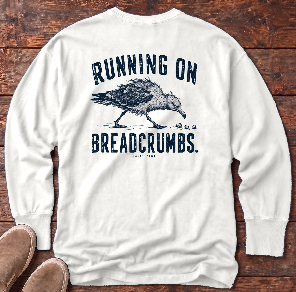 Running on Breadcrumbs Seagull Back Design Long Sleeve Tee in White, Salty Paws Comfort Colors Long Sleeve Tee, back design flat lay