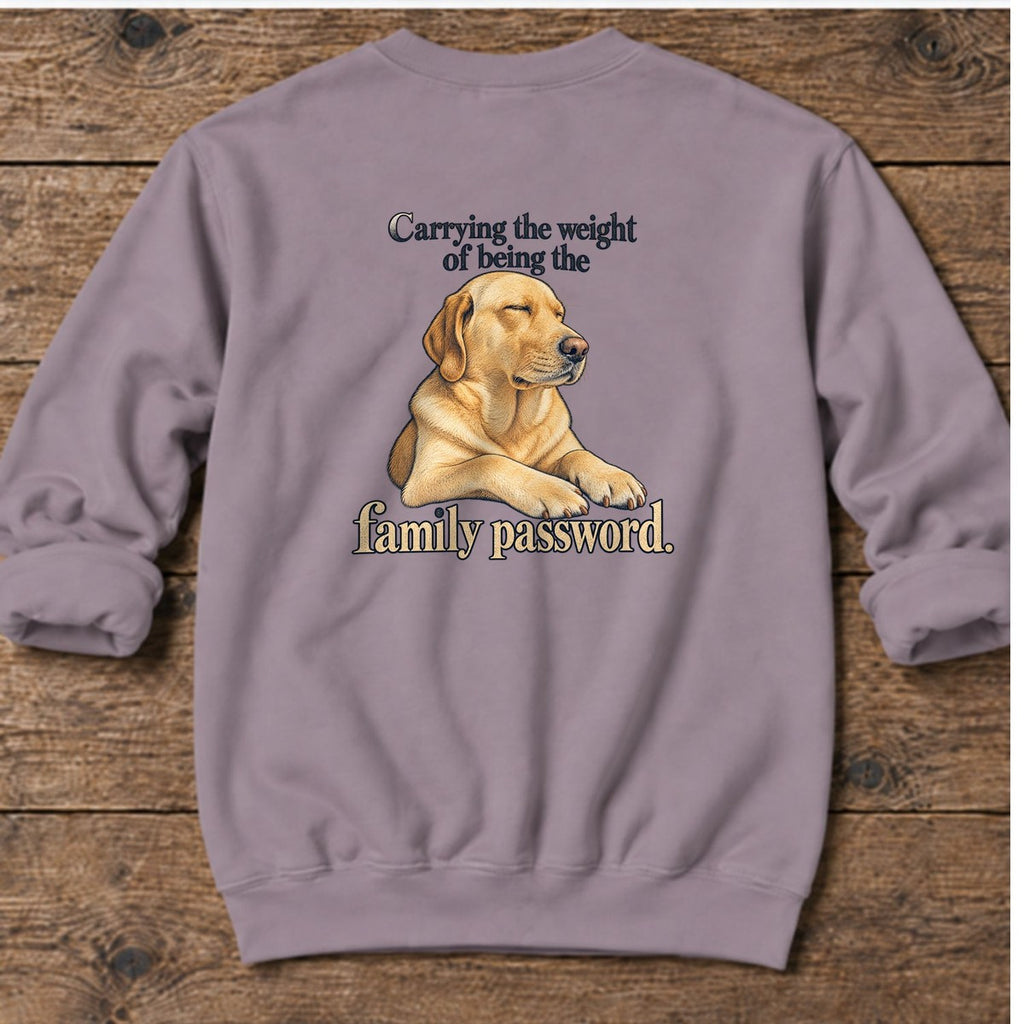 Family Password Labrador Back Design Midweight Sweatshirt in Paragon, Salty Paws Midweight Sweatshirt, back design flat lay