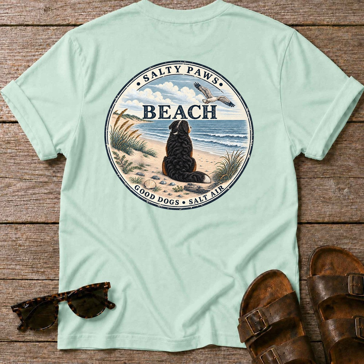 Salty Paws Beach Bernese Back Design T-Shirt in Mint Green, Salty Paws T-Shirt, back design flat lay