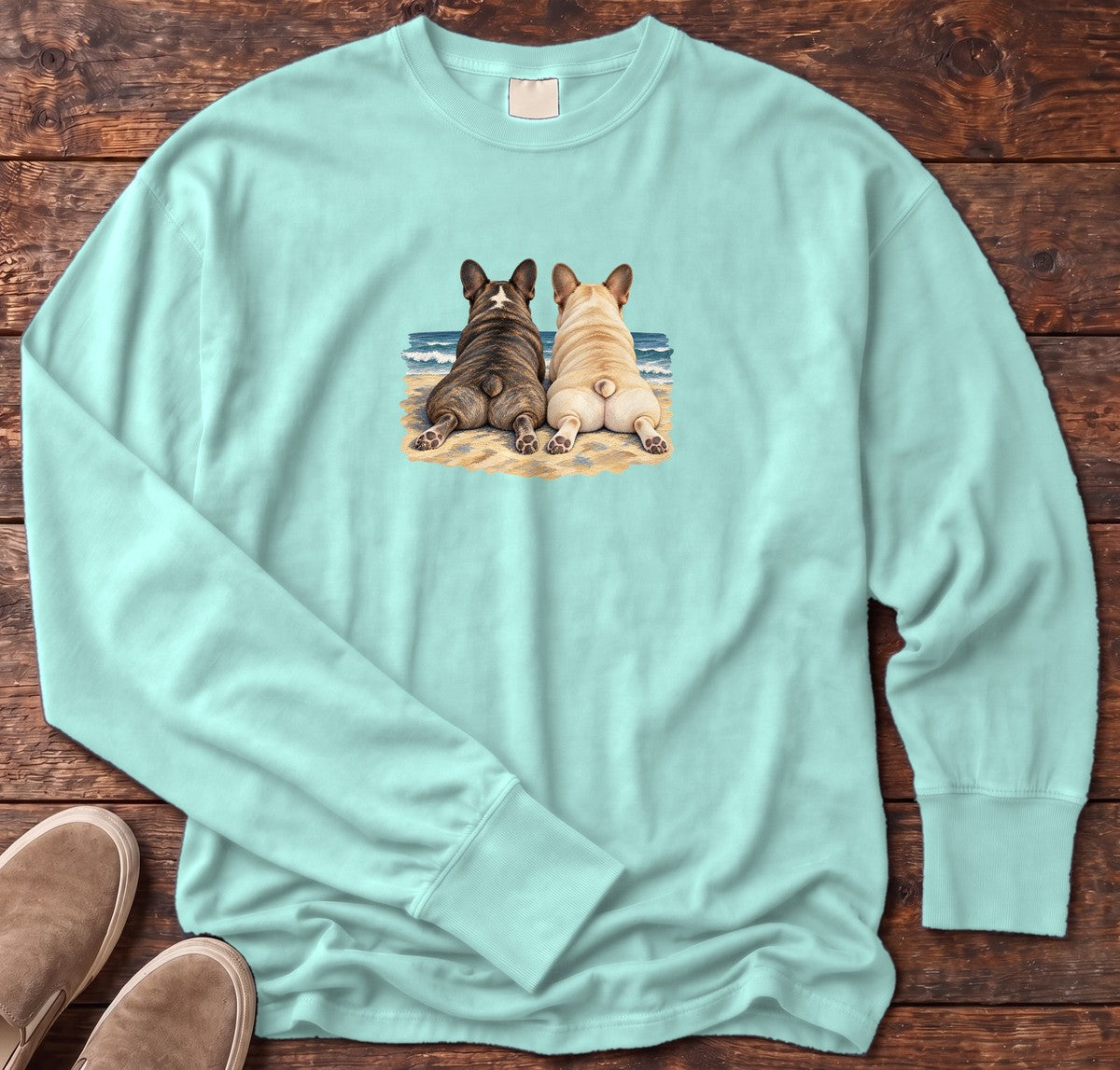 Two French Bulldogs at the Ocean Long Sleeve Tee in Chalky Mint, Salty Paws Comfort Colors Long Sleeve Tee, front design flat lay