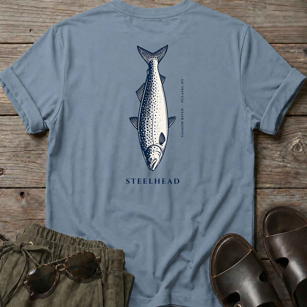 Steelhead Salmon River back design tee in Stone Blue