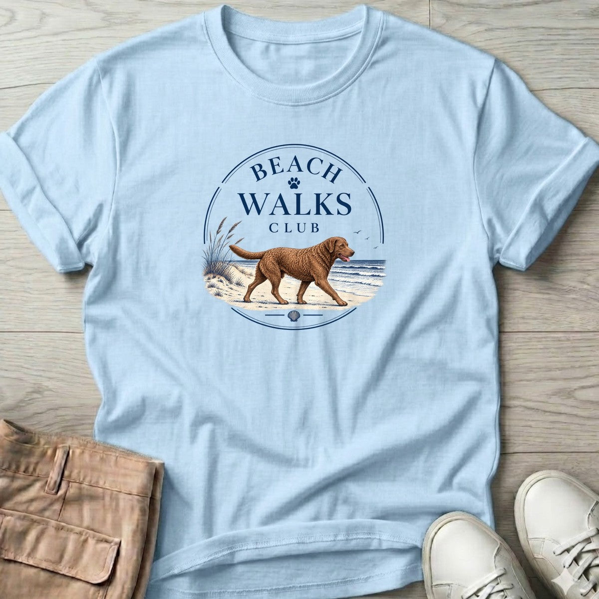 Chesapeake Bay Retriever Beach Walks Club T-Shirt in Light Blue, Salty Paws coastal t-shirt