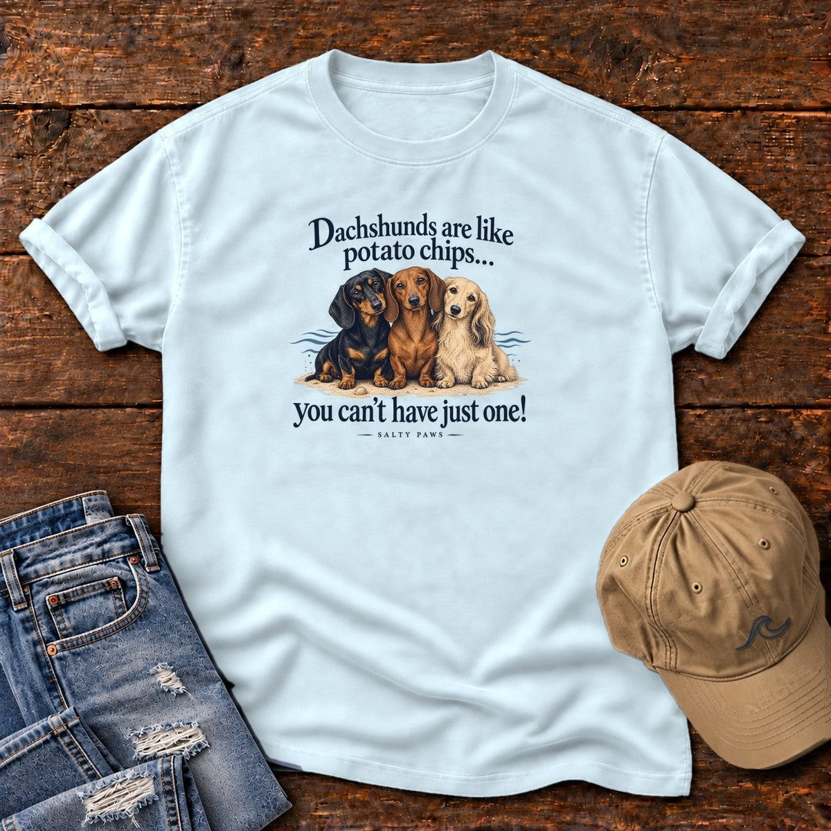 Three Dachshunds Potato Chips T-Shirt in Chambray, Salty Paws Comfort Colors T-Shirt, front design flat lay