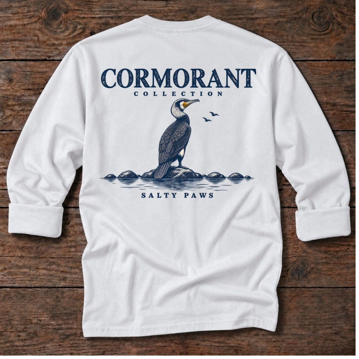 Cormorant Back Design Long Sleeve Tee in White, Salty Paws coastal tee