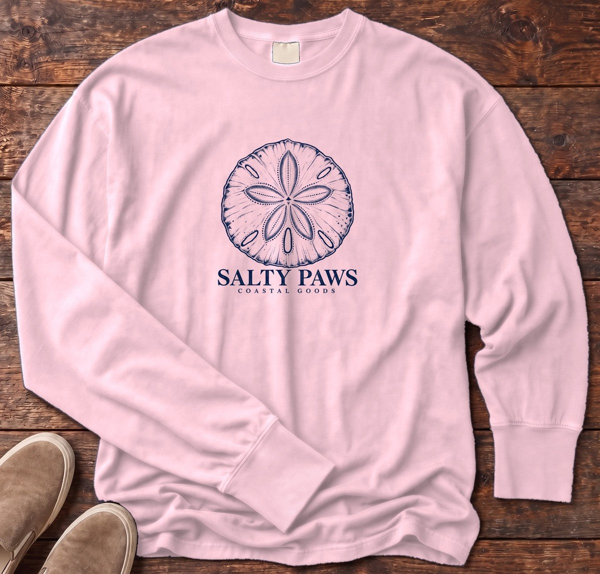 Sand Dollar Long Sleeve Tee in Blossom, Salty Paws Comfort Colors Long Sleeve Tee, front design flat lay