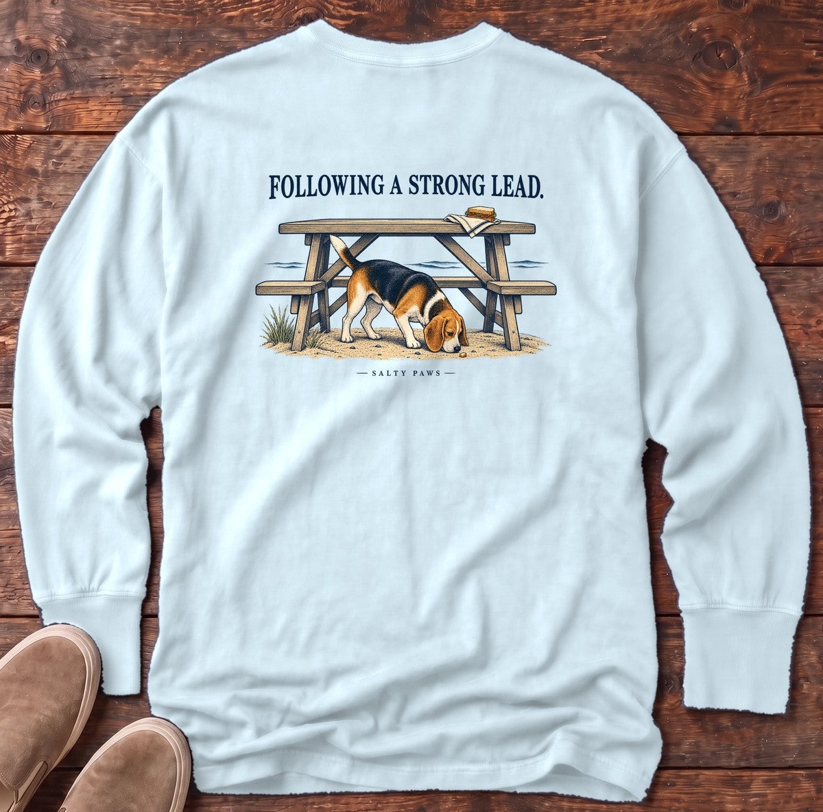 Following a Strong Lead Beagle Back Design Long Sleeve Tee in Chambray, Salty Paws Comfort Colors Long Sleeve Tee, back design flat lay