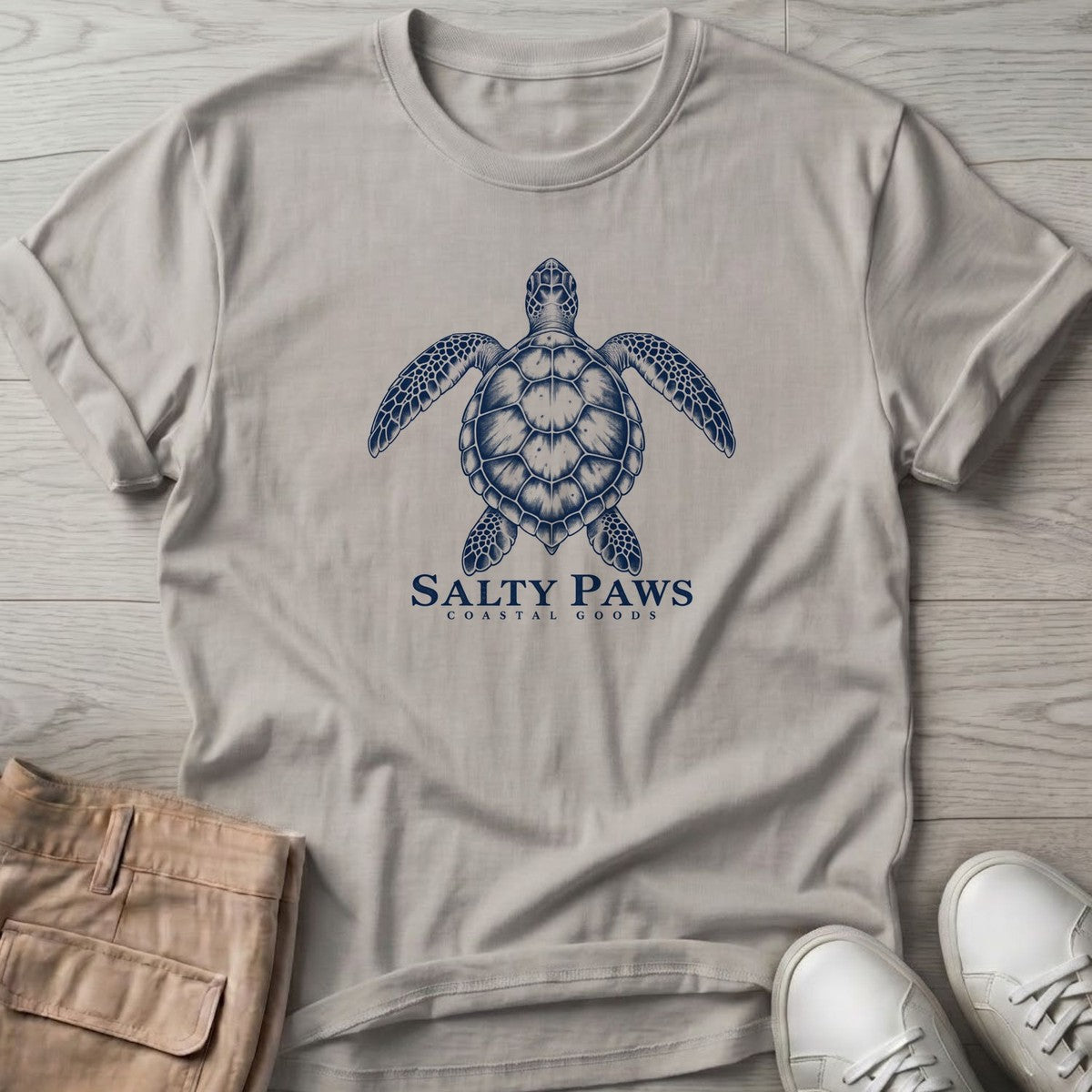 Sea Turtle Coastal Goods T-Shirt in Ice Grey, Salty Paws T-Shirt, front design flat lay