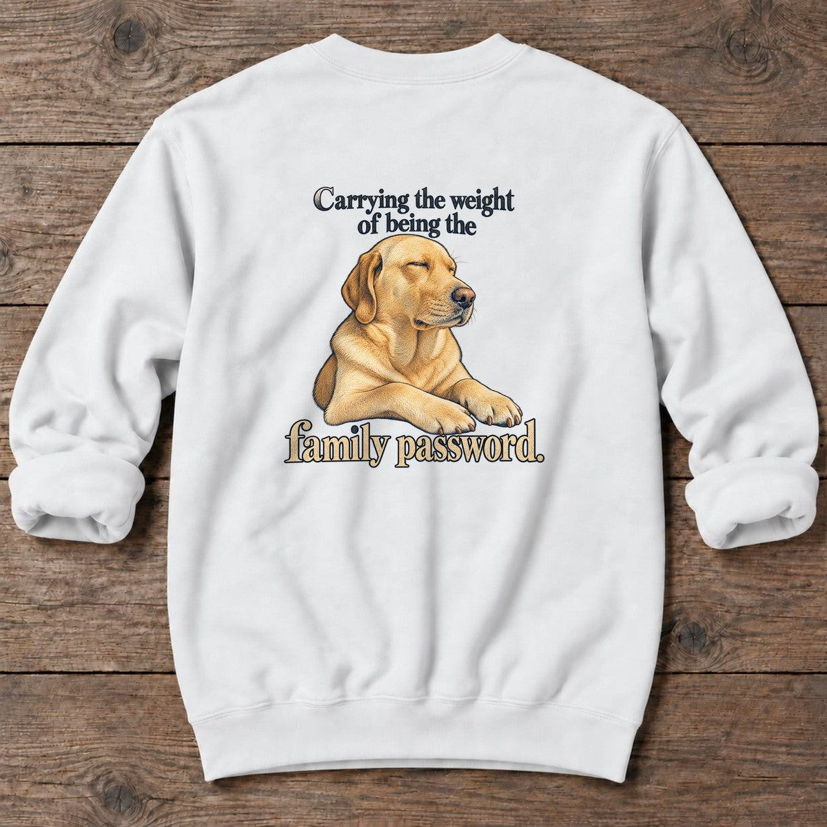 Family Password Labrador Back Design Midweight Sweatshirt in White, Salty Paws Midweight Sweatshirt, back design flat lay