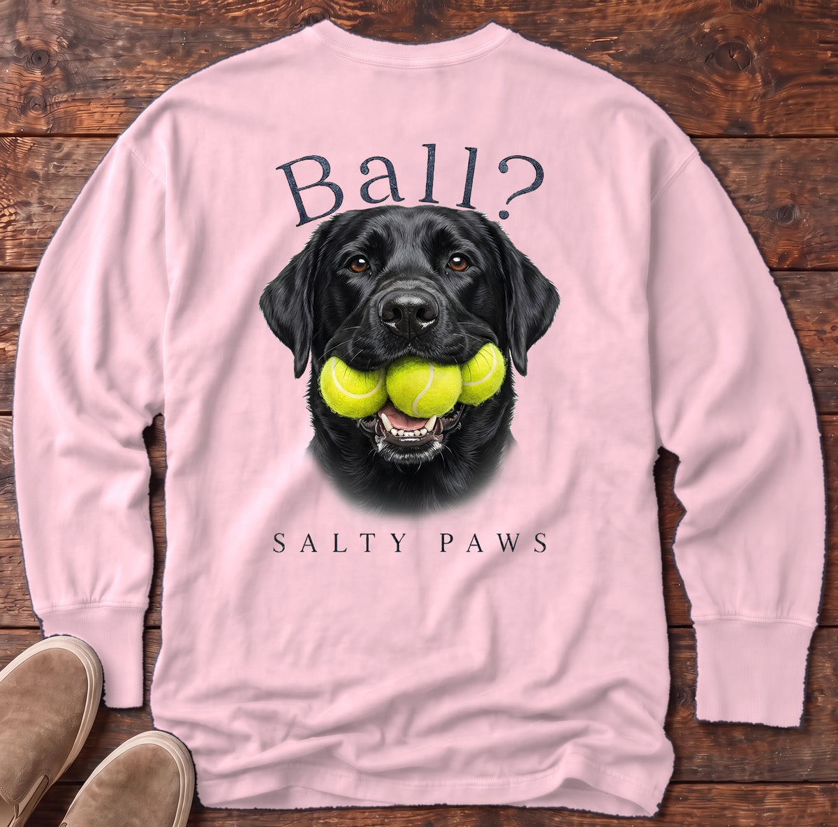 Ball? Black Lab Back Design Long Sleeve Tee in Blossom, Salty Paws Comfort Colors long sleeve tee