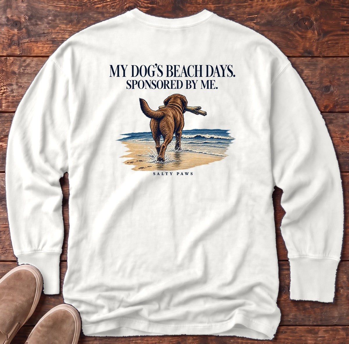 Beach Days Sponsored by Me Chocolate Lab Back Design Long Sleeve Tee in White, Salty Paws Comfort Colors Long Sleeve Tee, back design flat lay