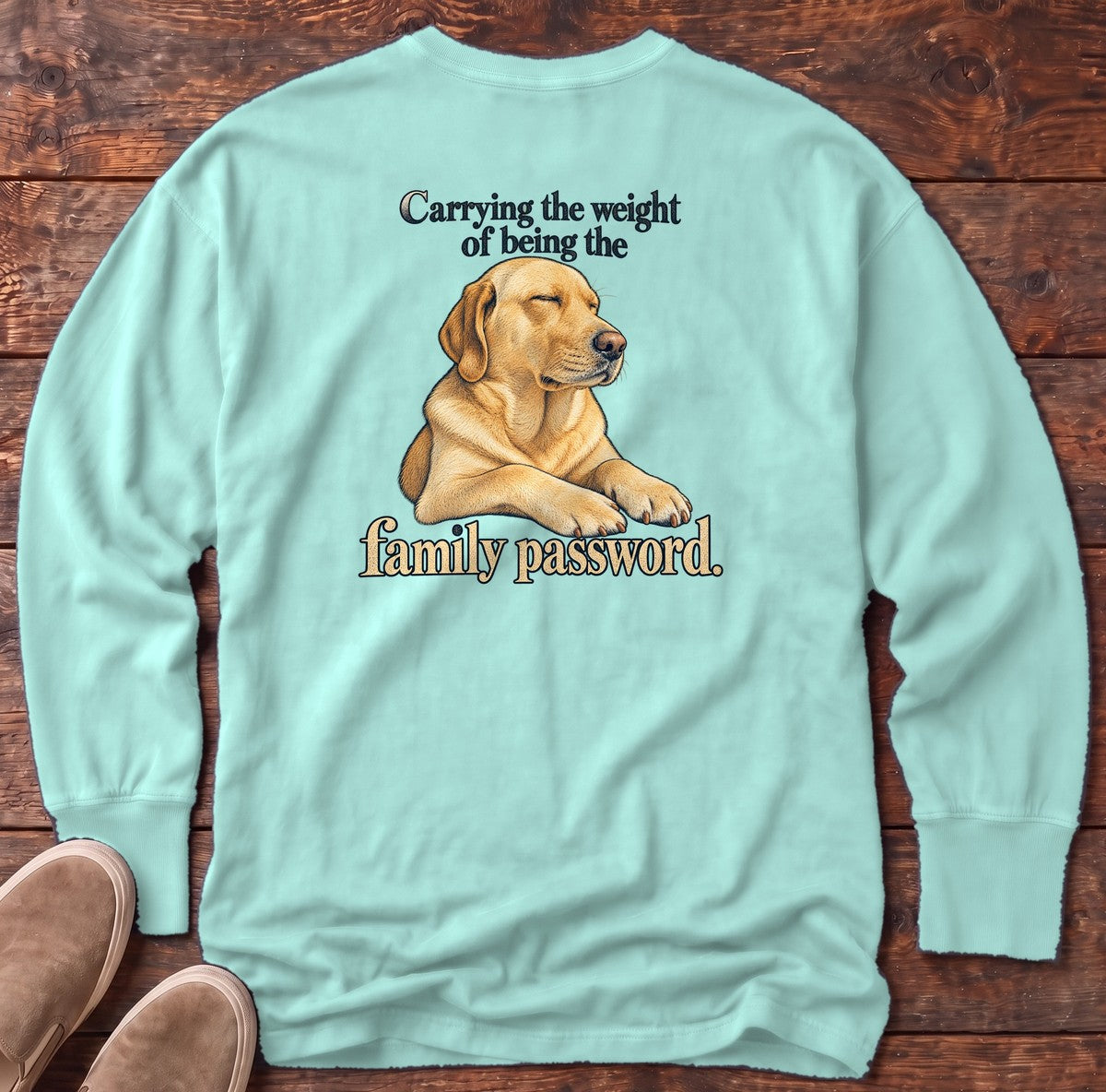 Family Password Labrador Back Design Long Sleeve Tee in Chalky Mint, Salty Paws Comfort Colors Long Sleeve Tee, back design flat lay