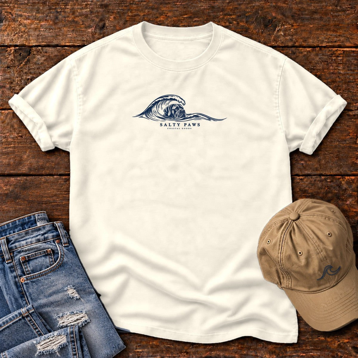 Cane Corso Wave T-Shirt in Ivory, Salty Paws Comfort Colors T-Shirt, front design flat lay