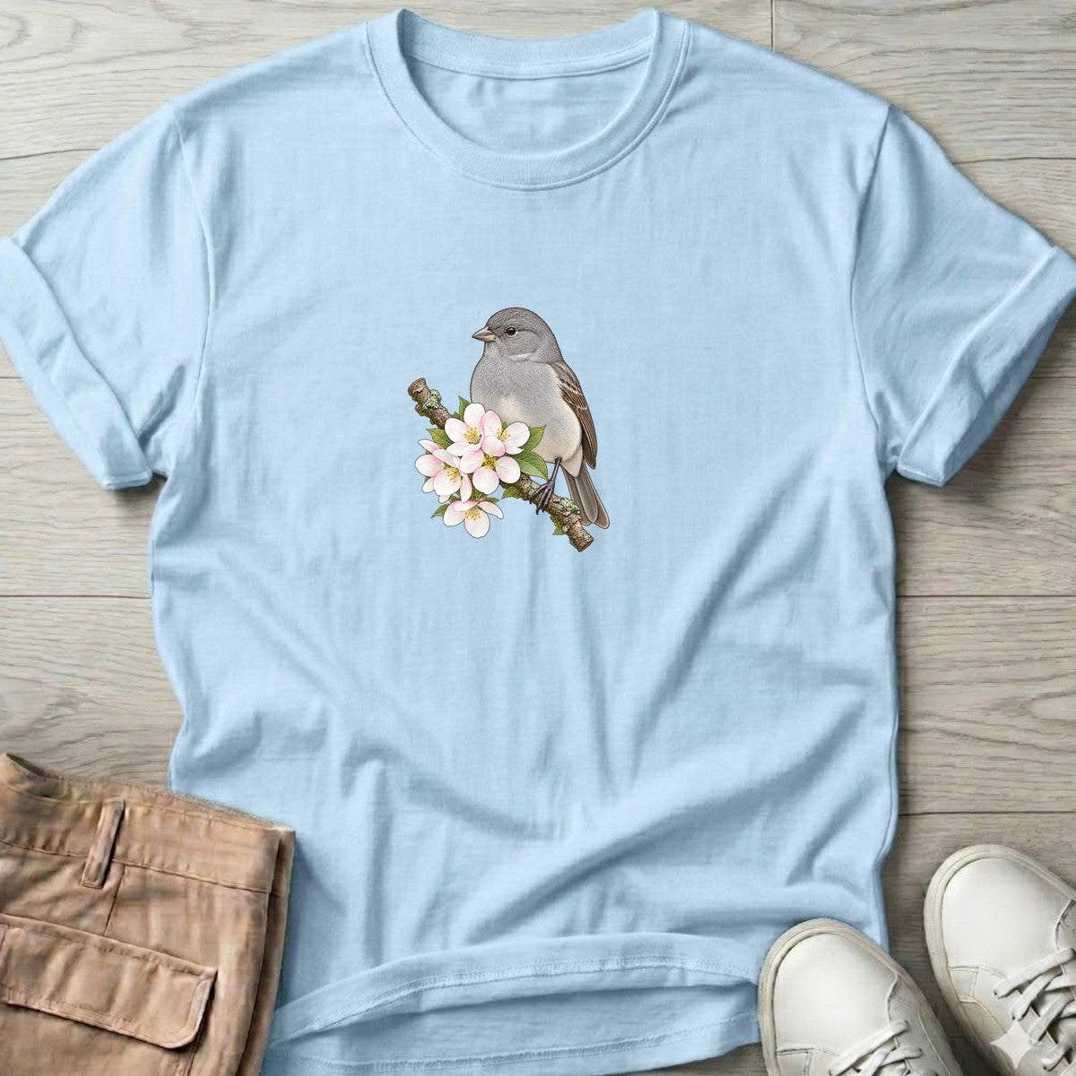 Gray Bird Blossom T-Shirt in Light Blue