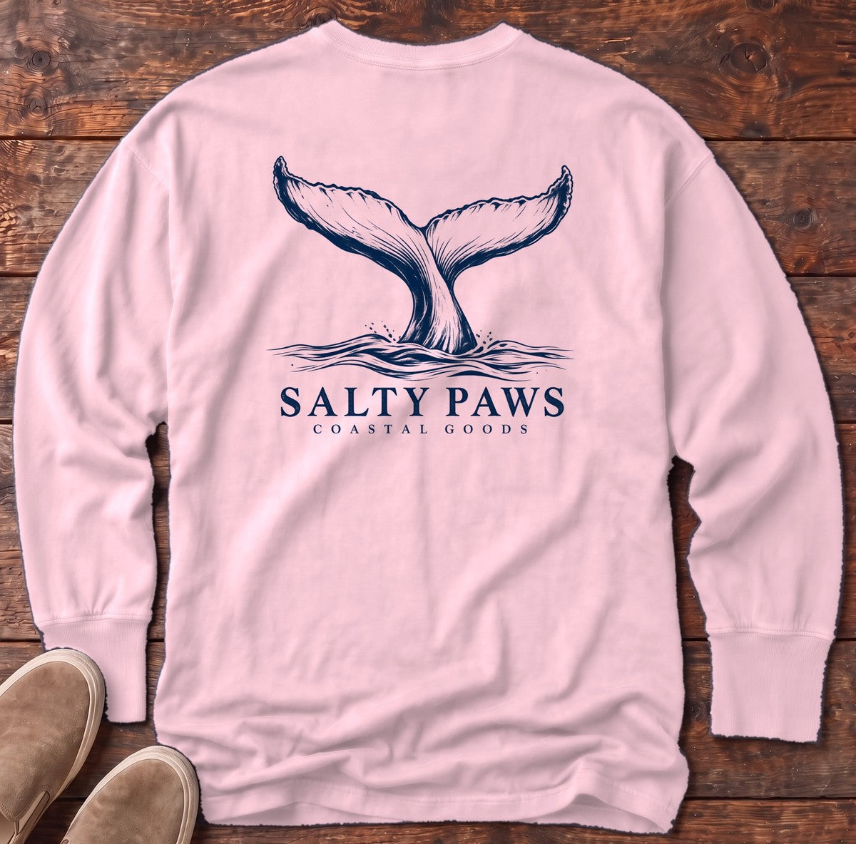 Humpback Tail Coastal Goods Back Design Long Sleeve Tee in Blossom, Salty Paws Comfort Colors Long Sleeve Tee, back design flat lay