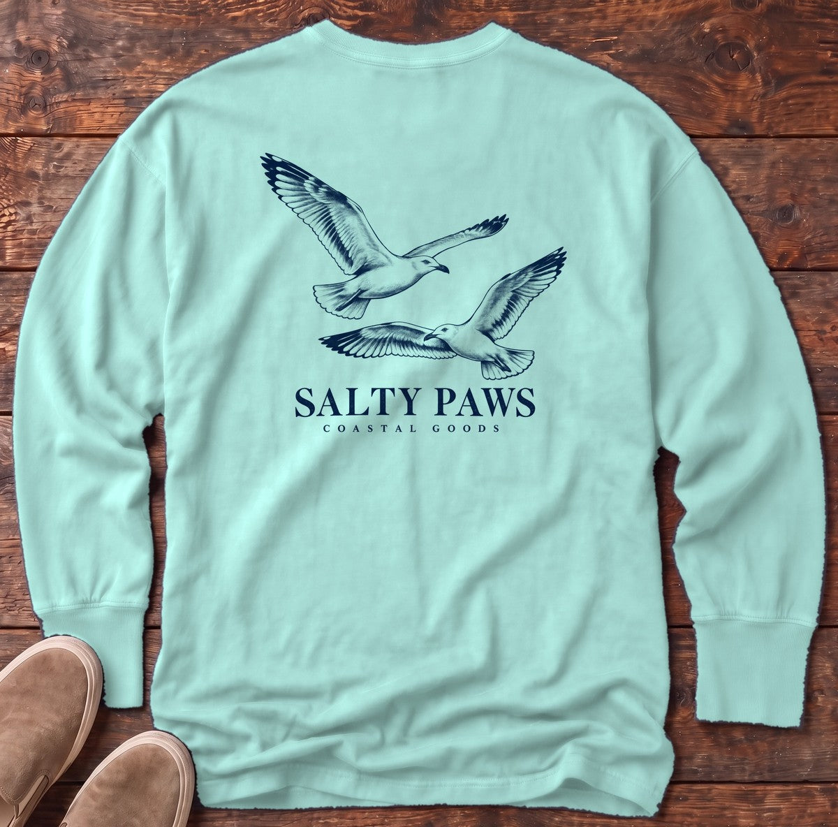 Gull Flight Coastal Goods Back Design Long Sleeve Tee in Chalky Mint, Salty Paws Comfort Colors Long Sleeve Tee, back design flat lay