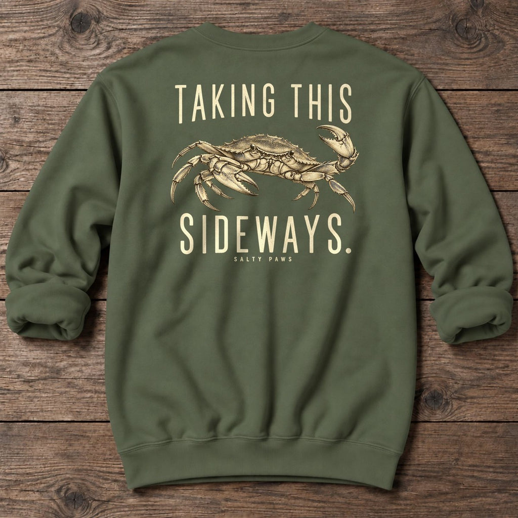 Taking This Sideways Crab Back Design Midweight Sweatshirt in Military Green, Salty Paws Midweight Sweatshirt, back design flat lay